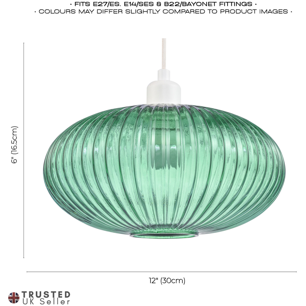 Happy Homewares Designer Emerald Forest Green Line Ribbed Glass Oval Pendant Shade Image 7