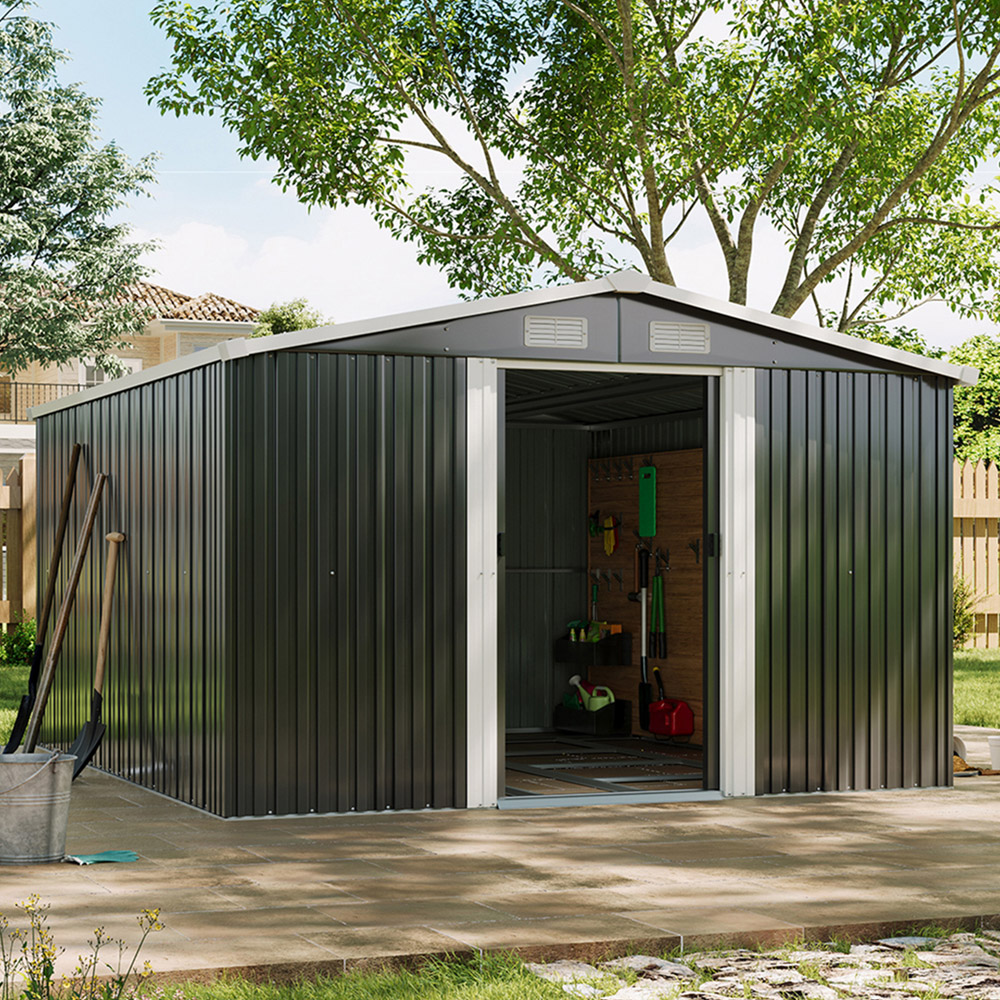 Living and Home 6.6 x 12.3 x 10.2ft Grey Peaked Steel Tool Storage Shed Image 3