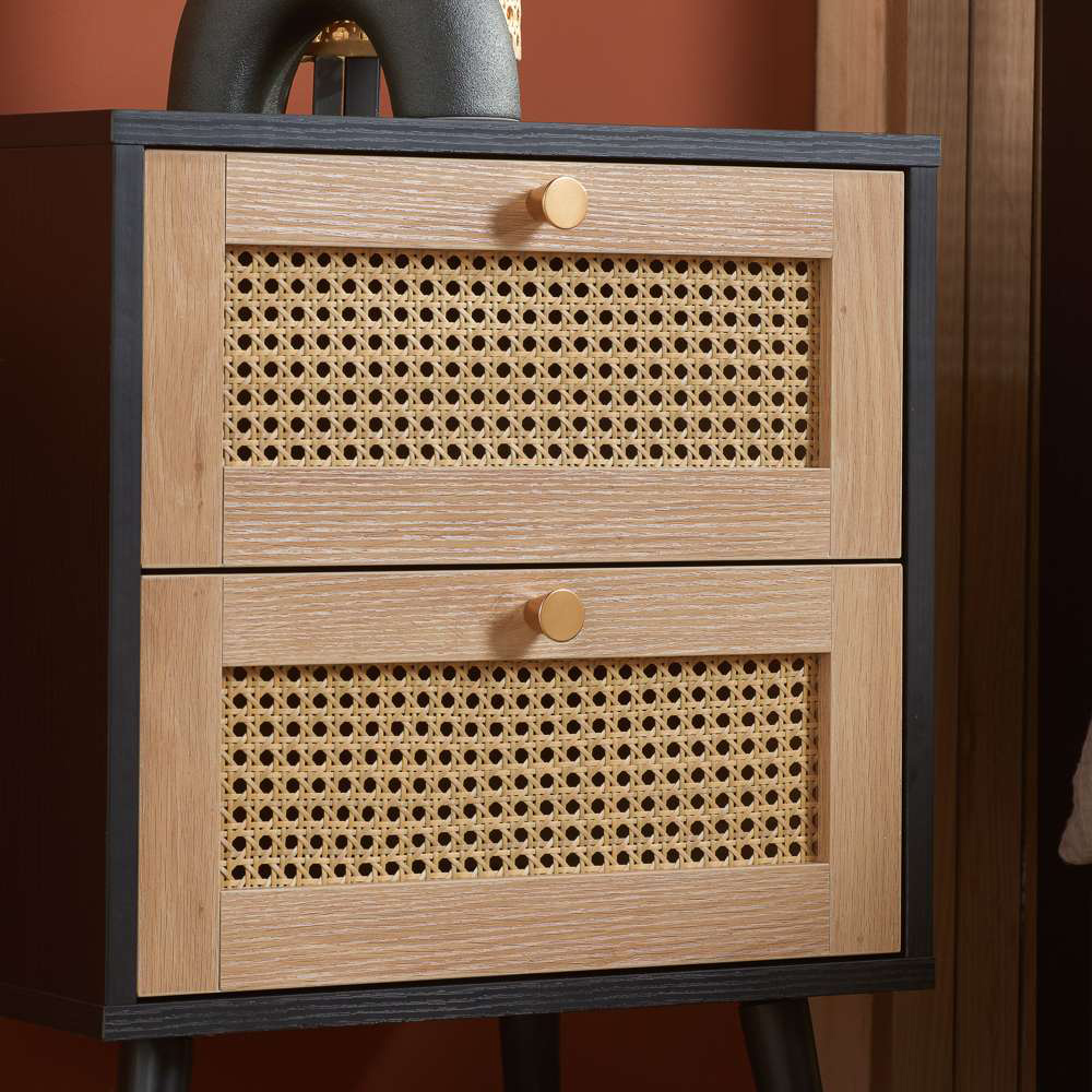 Croxley 2 Drawer Black and Oak Rattan Bedside Table Image 7
