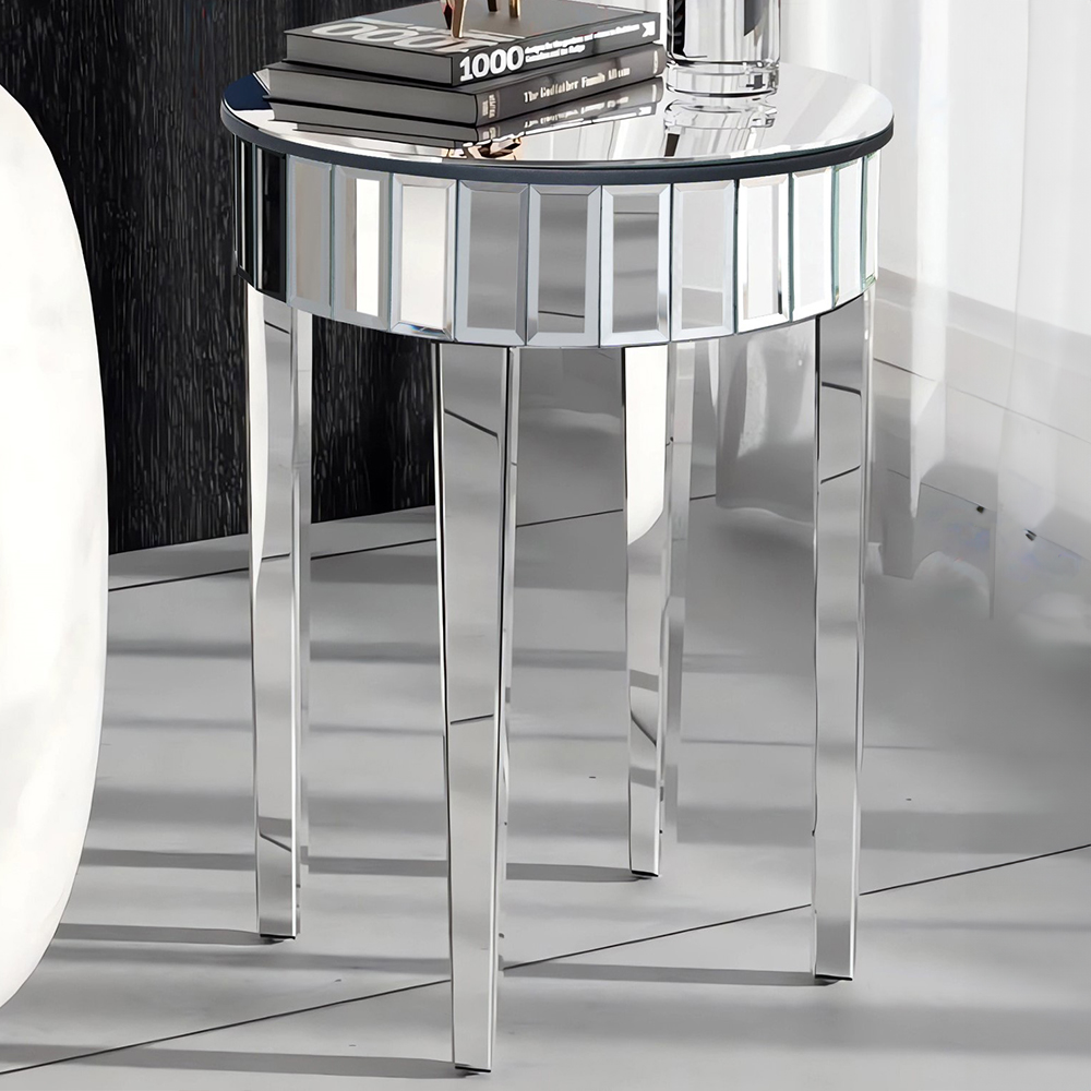 Comfy Living Chrome Finish Circular Mirrored Side Table Image 1