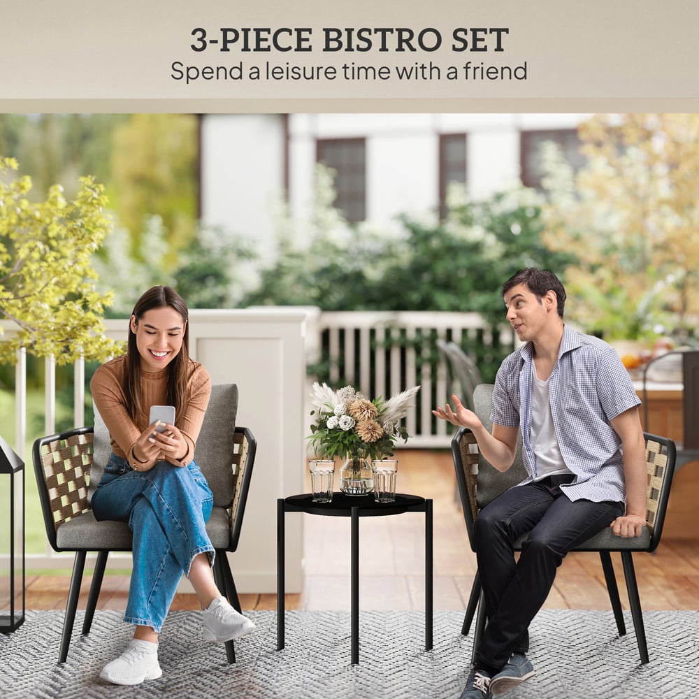 Outsunny 2 Seater Grey Rattan Bistro Set with Cushions Image 8