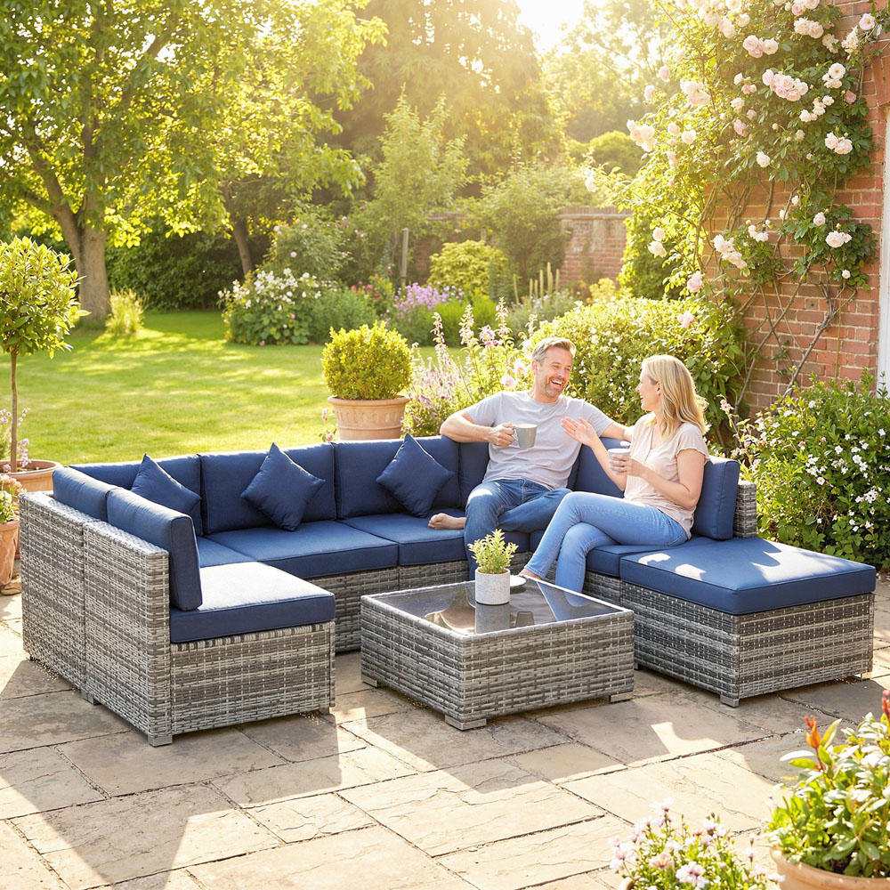 Outsunny 6 Seater Dark Blue Rattan Patio Corner Sofa Set Image 4