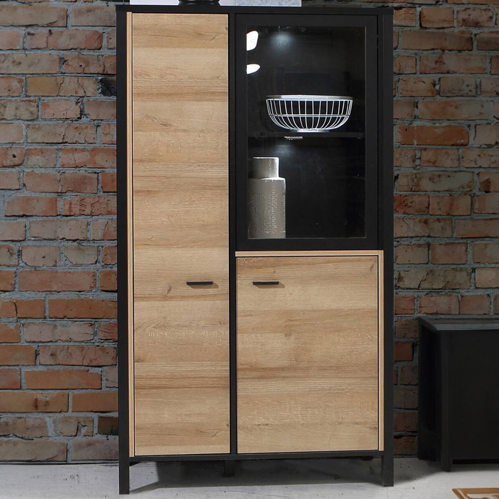 Florence High Rock 2 Door Matt Black and Riviera Oak Small Display Cabinet Image 1