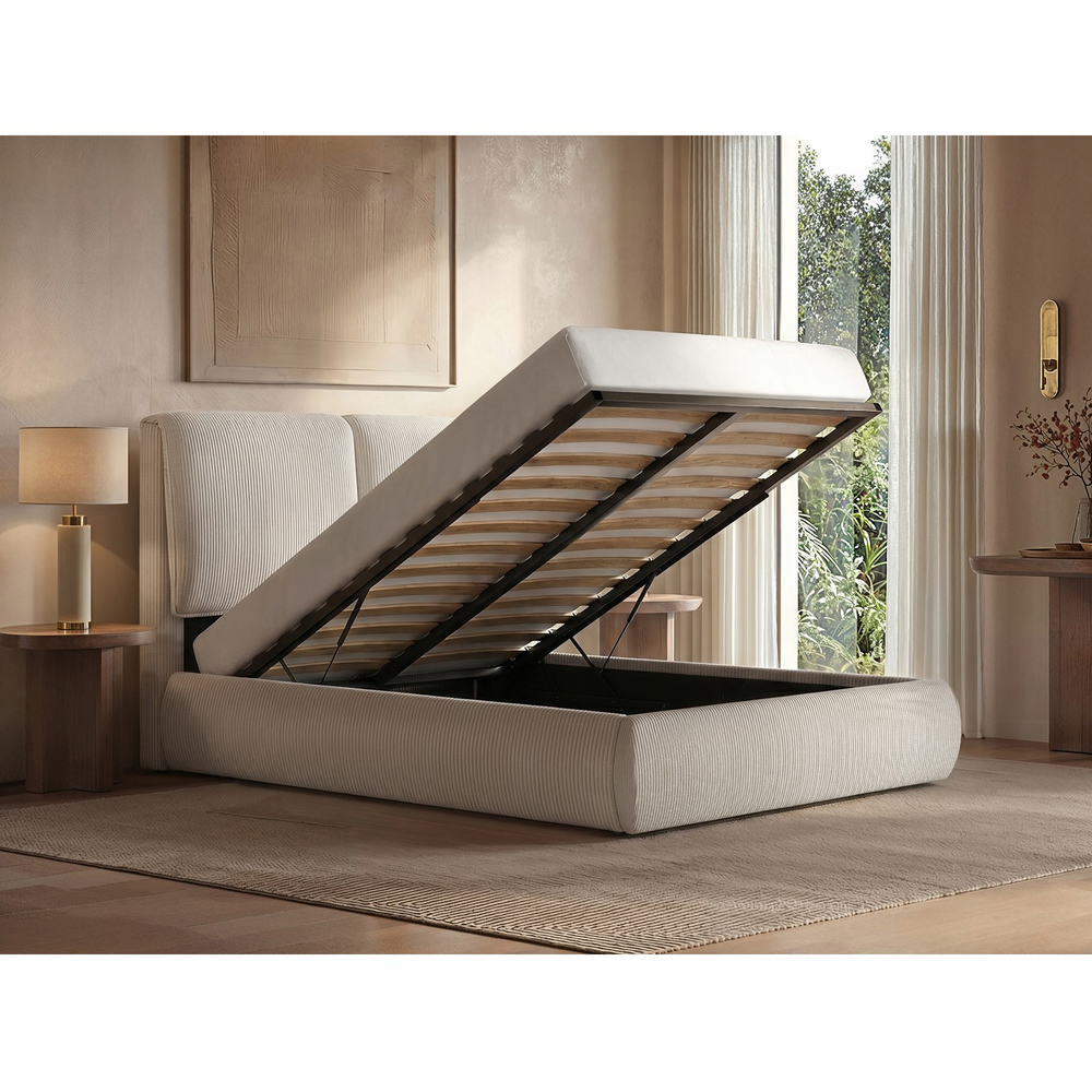 SOLACE+CO Lydia Beige Double Cord Ottoman Bed with Plush Padded Headboard Image 5