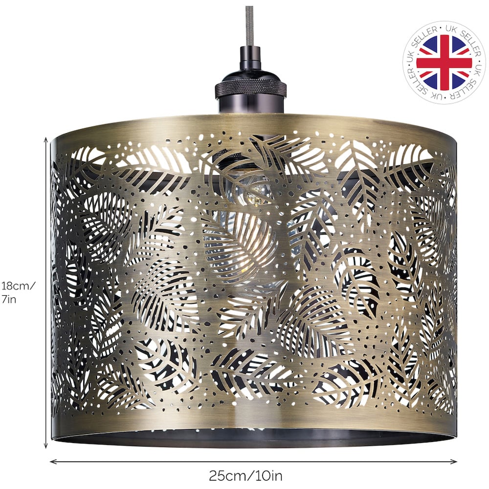 Happy Homewares Antique Brass Metal Pendant Shade with Fern Leaf Decoration Image 8