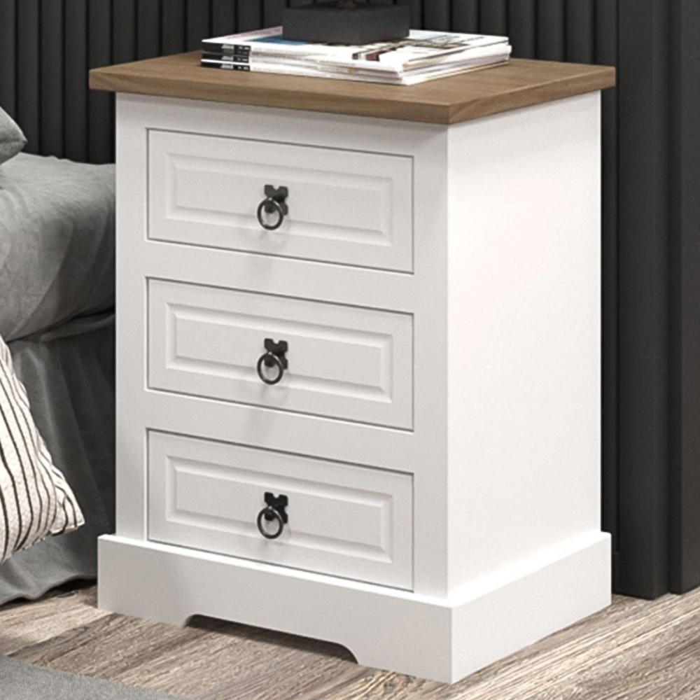 Home Source Corona 3 Drawer White Bedside Table with Waxed Pine Top Image 1