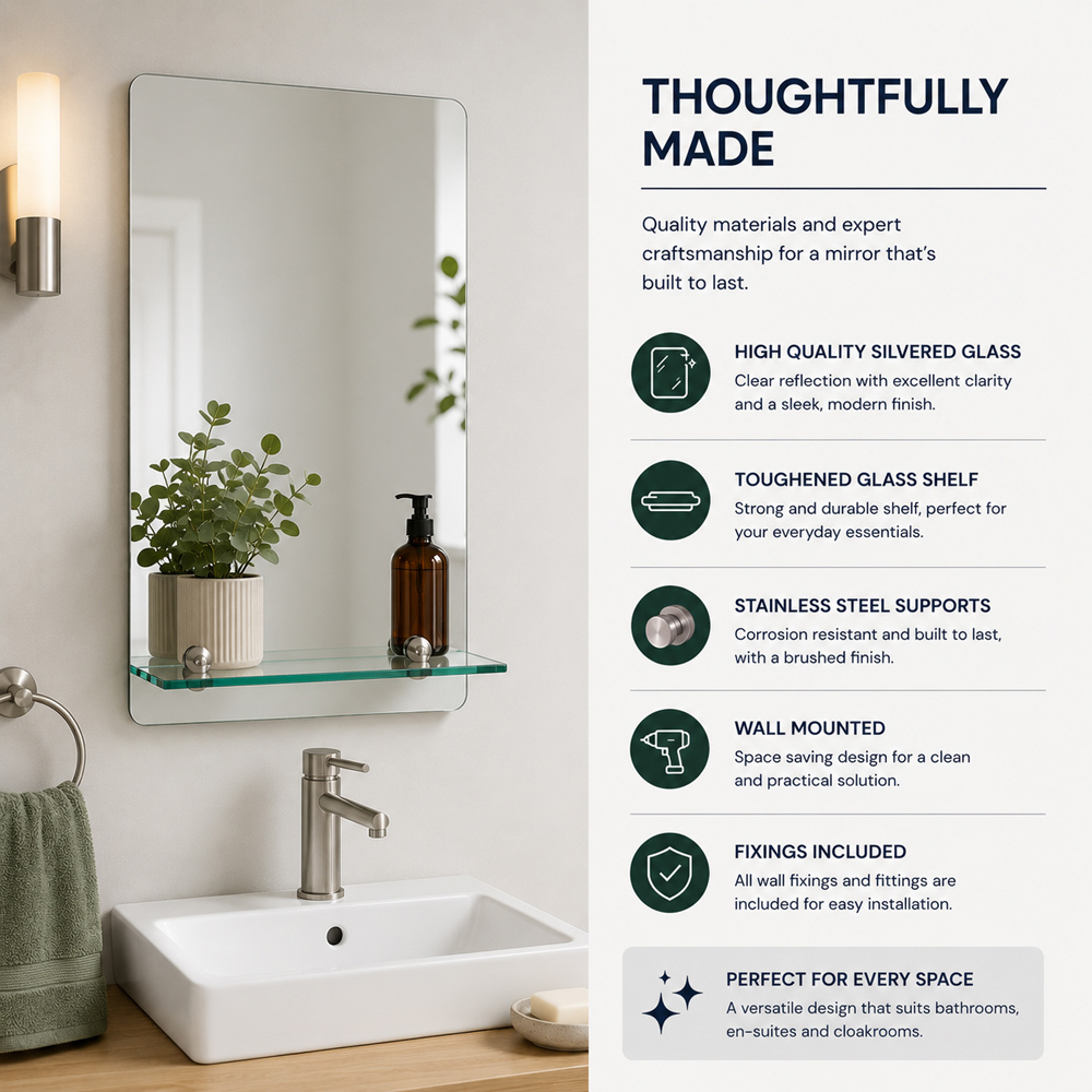 Go Bathrooms Nuto Rectangular Bathroom Mirror with Glass Shelf 450 x 600mm Image 6