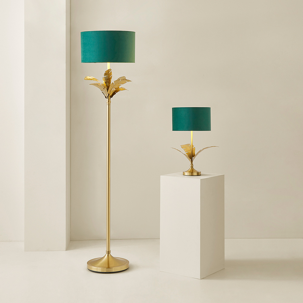 ValueLights Christina Green Velvet and Gold Palm Leaf Floor Lamp with Bulb Image 7