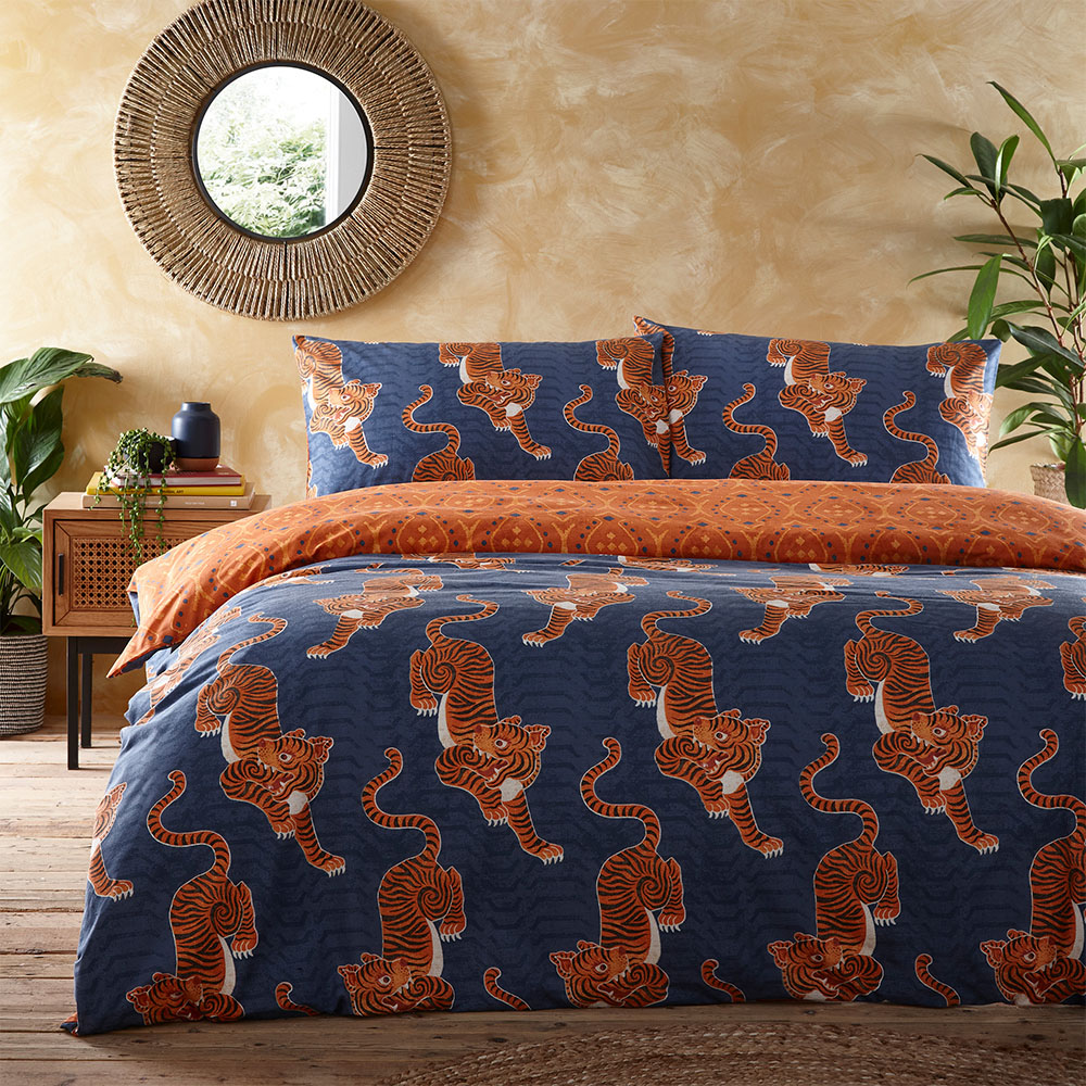 furn. Tibetan Tiger Tribal King Size Navy Duvet Set Image 1