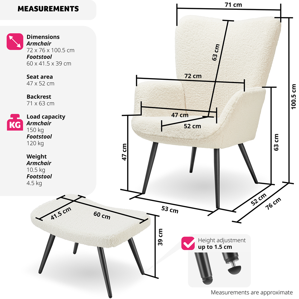 tectake Hygge Cream and Black Boucle Padded Armchair with Stool Image 9
