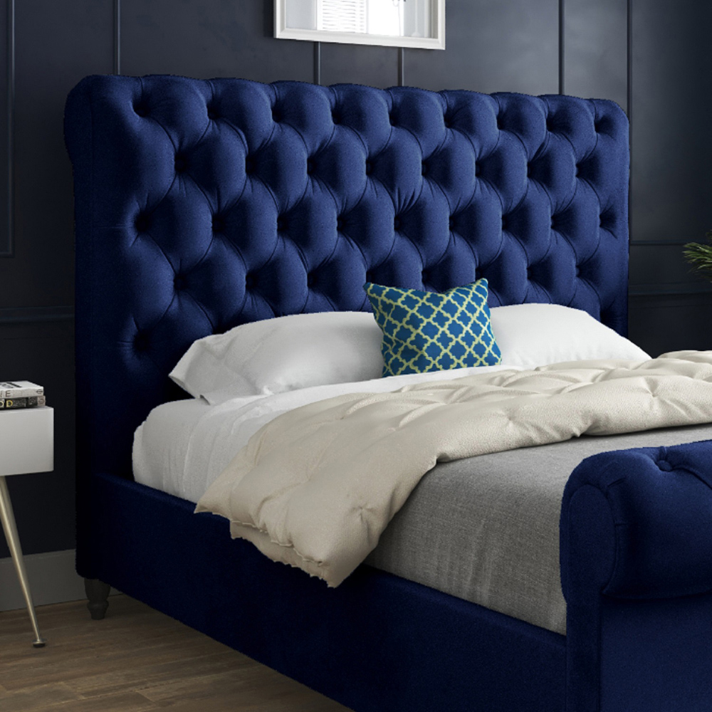 Sienna Small Single Blue Soft Velvet Upholstered Sleigh Bed Frame with Scrolled Headboard Image 3