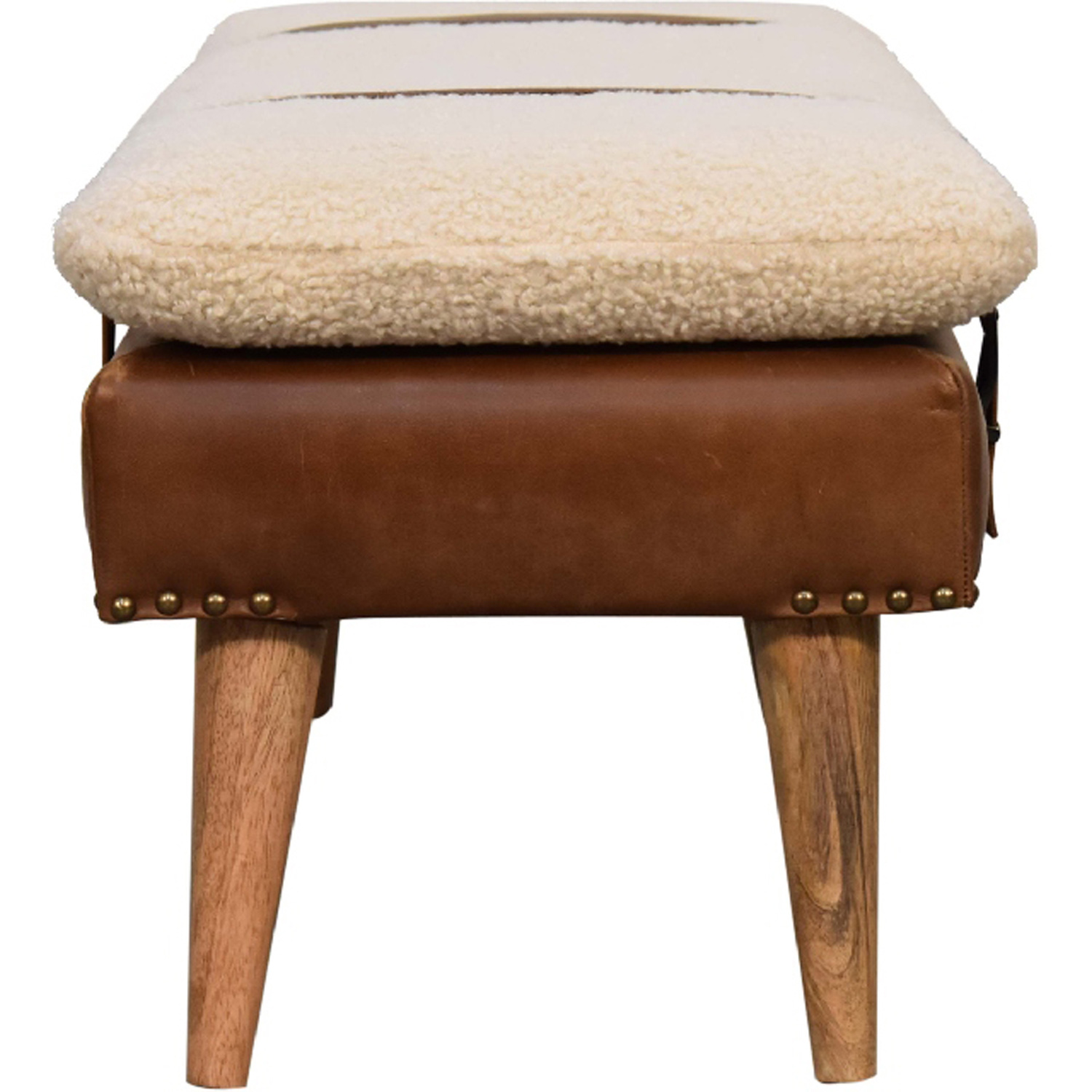 Artisan Furniture Brown and Cream Boucle Buffalo Hide Leather Upholstered Bench Image 6