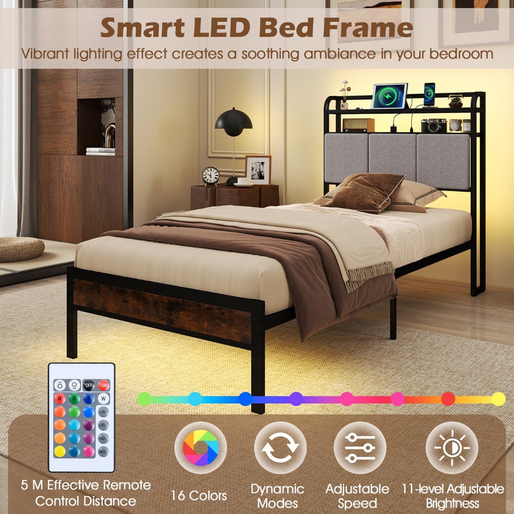 Costway Single Metal Bed Frame with LED and Charging Station Image 8