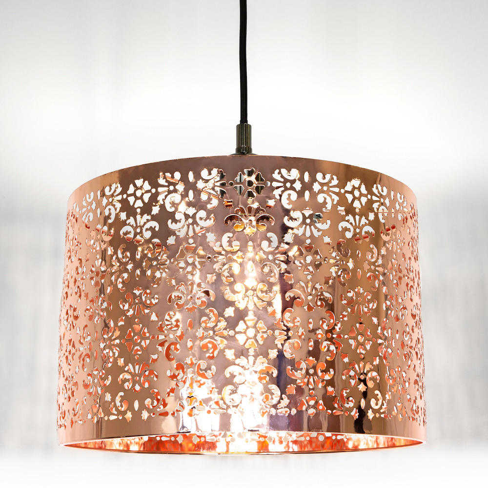 Happy Homewares Shiny Copper Metal Marrakech Pendant Shade with Floral Decoration Image 2