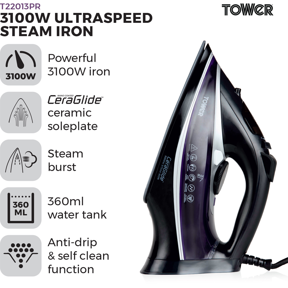 Tower T22013PR CeraGlide Ultra Speed Iron 3100W Image 6