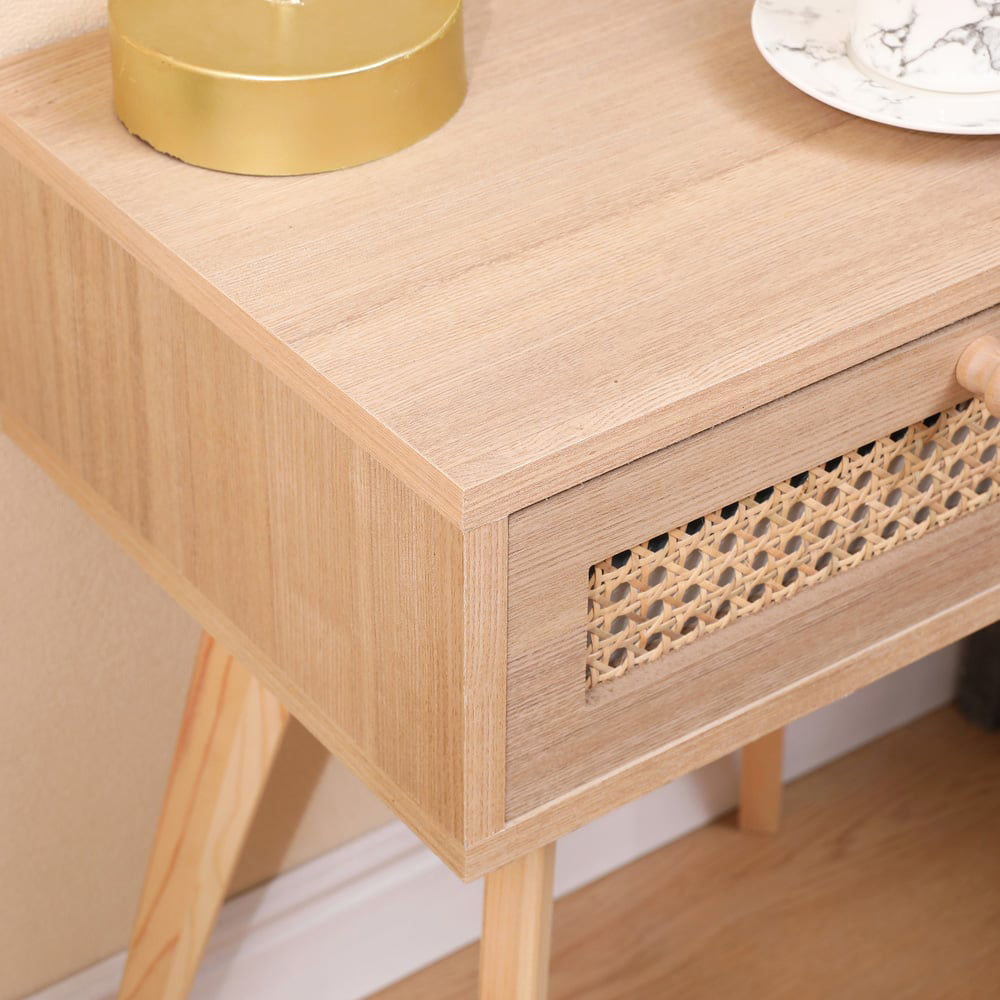 FurnitureHMD Single Drawer Natural Rattan Weaving Side Table with Pine Wood Legs Image 5