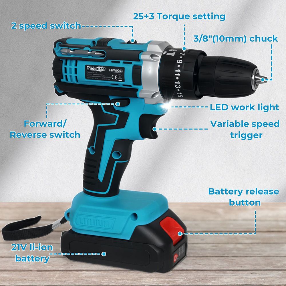 Traderight HW0263 21V Cordless Electric Combi Drill Driver with 2 Batteries and Accessories Image 9