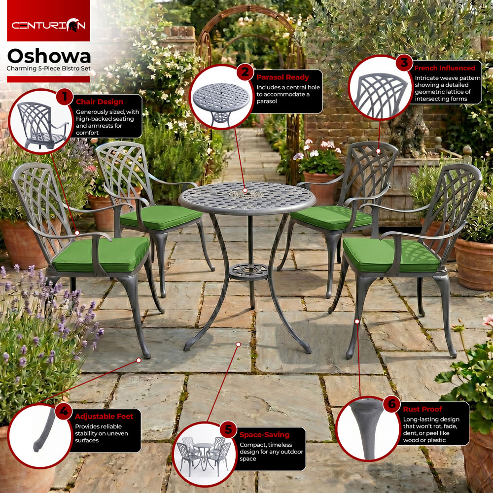 Centurion Oshowa 4 Seater Grey and Green Cast Aluminium Garden Bistro Set with Cushions Image 5