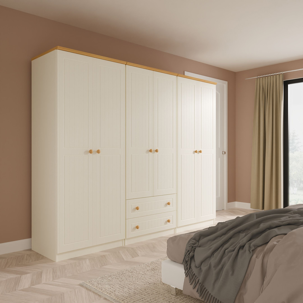 Crowndale Warwick 6 Door 2 Drawer Cream Ash and Modern Oak Wardrobe Ready Assembled Image 9