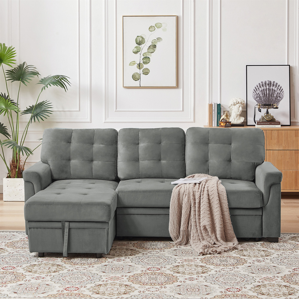 Furniture One 3 Seater Grey Velvet Corner Storage Sofa Bed Image 9