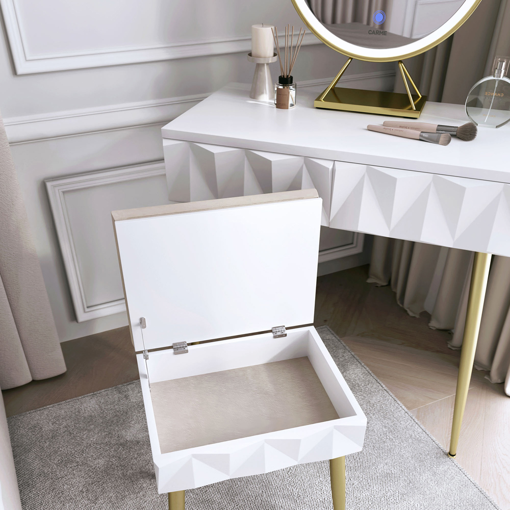 CARME Home Montana White and Gold Padded Velvet Storage Stool Image 3