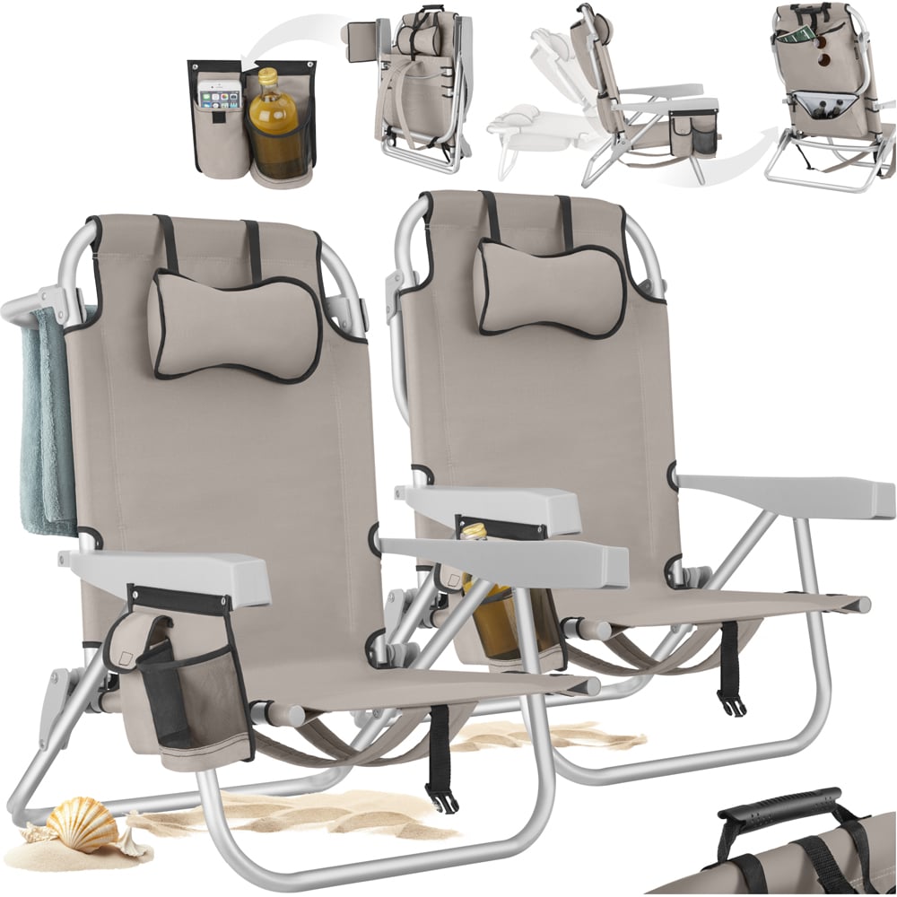 tectake Coral Set of 2 Beige Foldable Beach Chair with Backpack Image 2