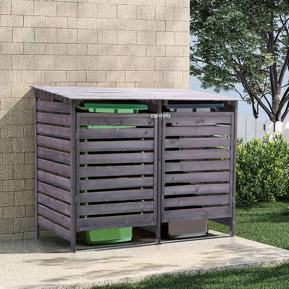 Living and Home Grey Spruce Wood Double Wheelie Bin Shed Image 2