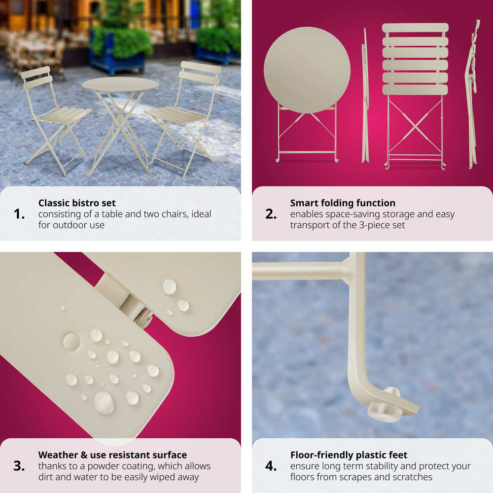 tectake Frieda 2 Seater Cream Folding Bistro Set Image 5