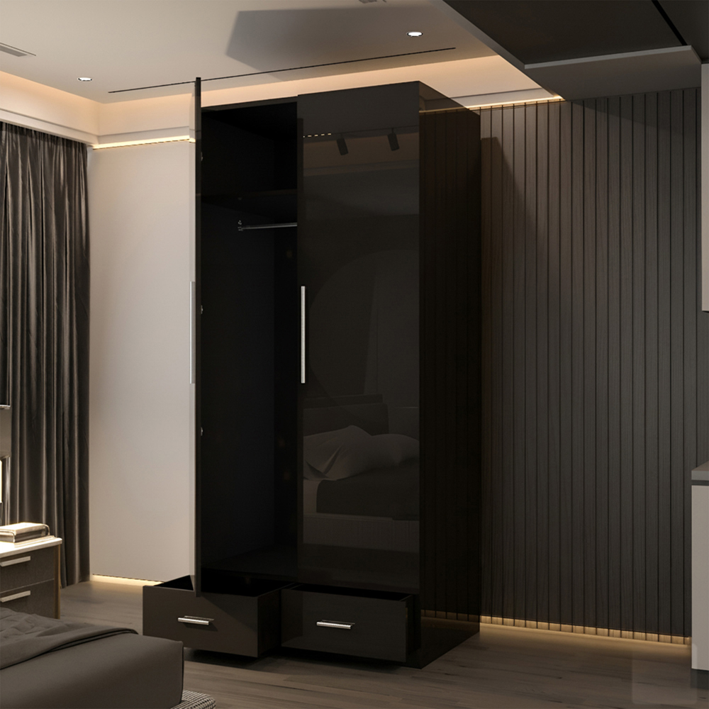 Sliding Wardrobes 4U 2 Door 2 Drawer Black High Gloss Hinge Door Wardrobe 90cm Image 3