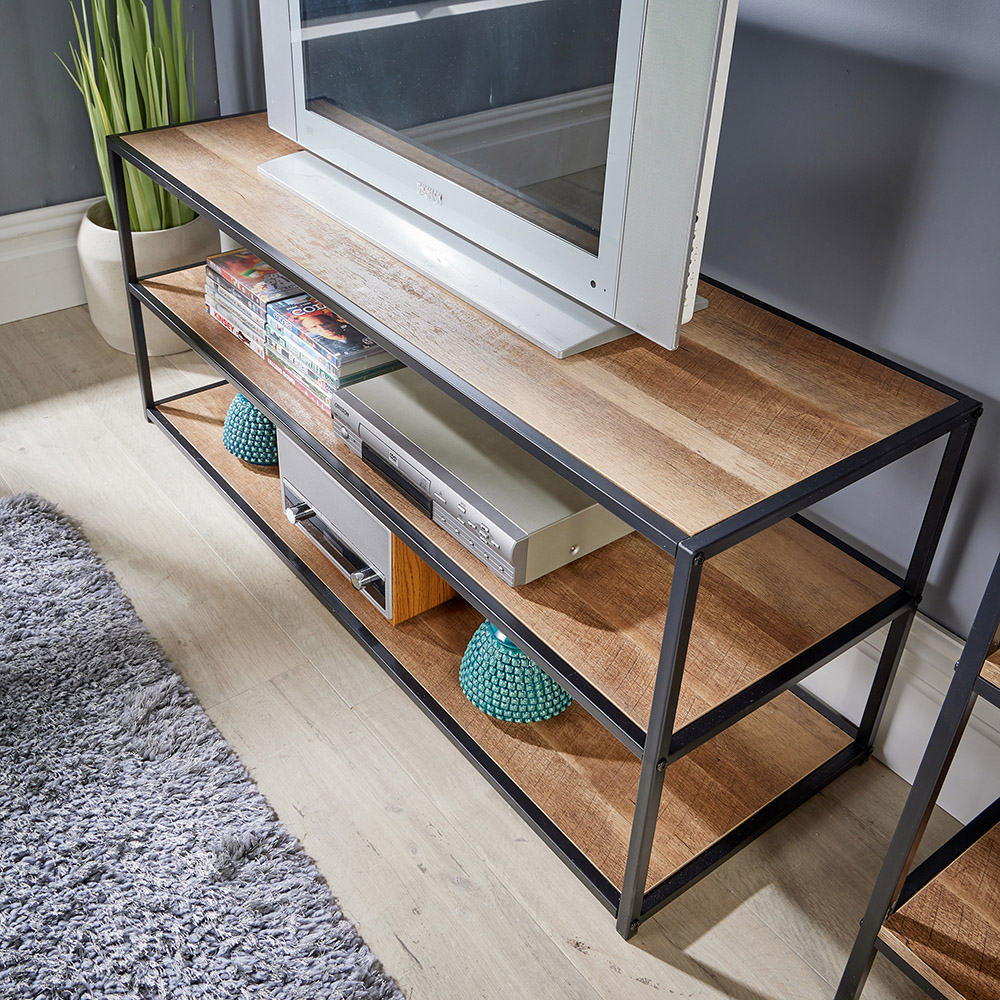 Home Source Oakmere 2 Shelf Black and Oak Effect Industrial TV Unit Image 6