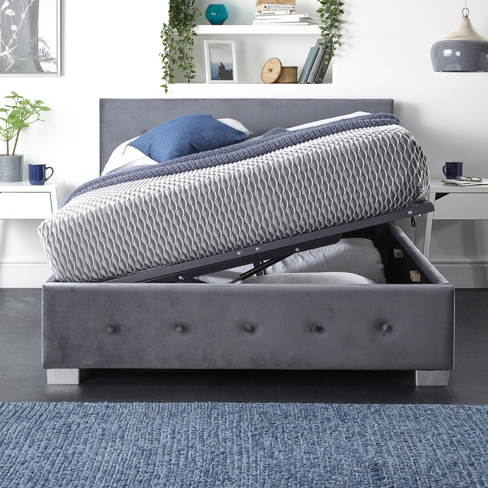 Aspire King Size Grey Plush Velvet Side Opening Ottoman Storage Image 4
