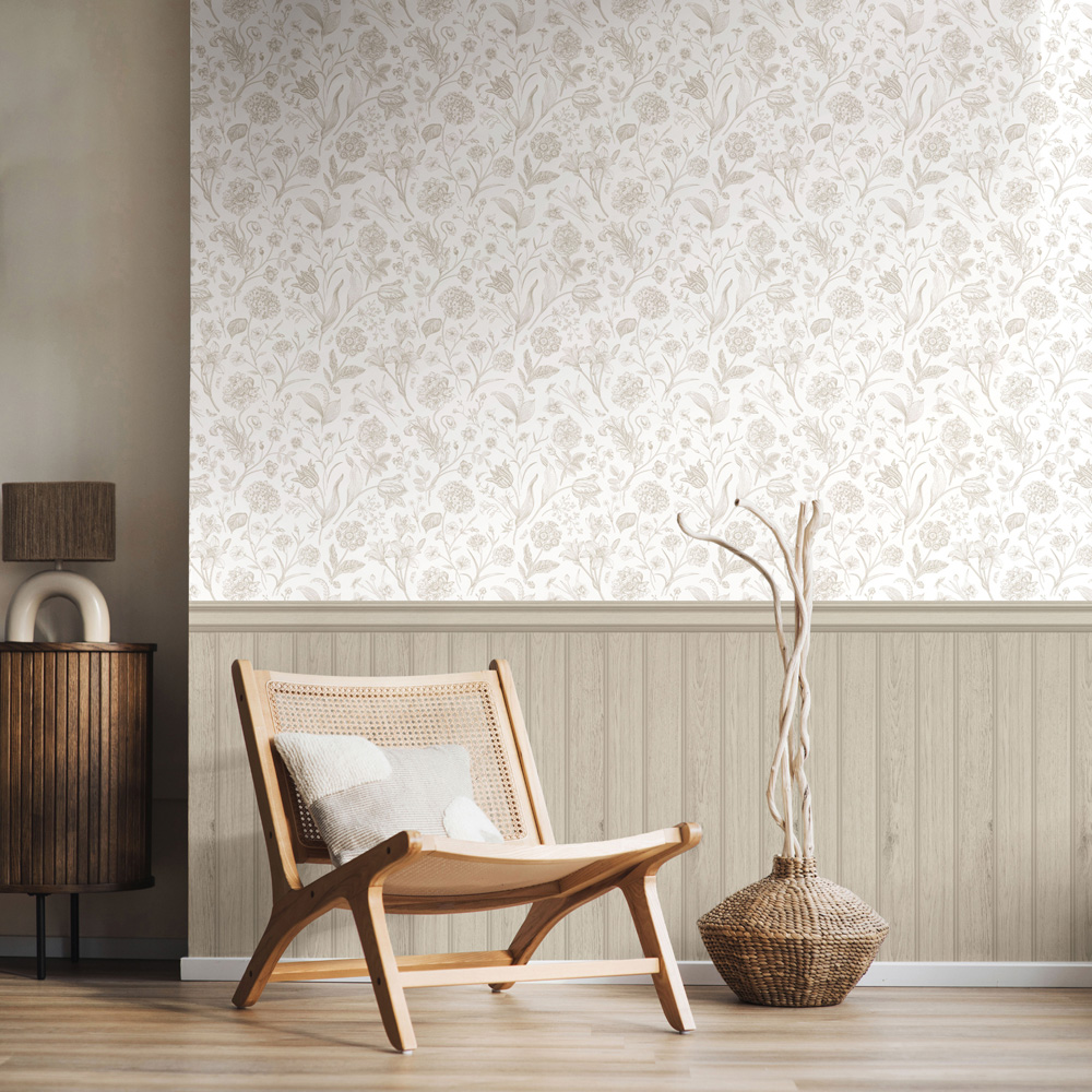 Hoopla Walls Stone Tongue and Groove Floral Toile Wallpaper Image 2