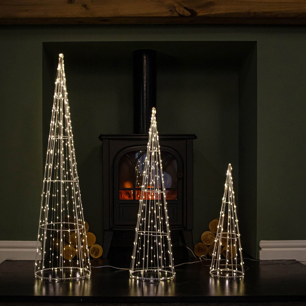 Samuel Alexander Warm White LED Light Up White Metal Dewdrop Christmas Cone Tree Set of 3 Image 2