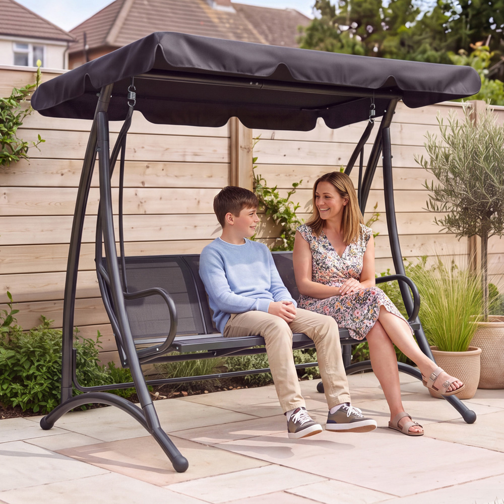 Charles Bentley 3 Seater Grey Garden Swing Seat with Canopy Image 7