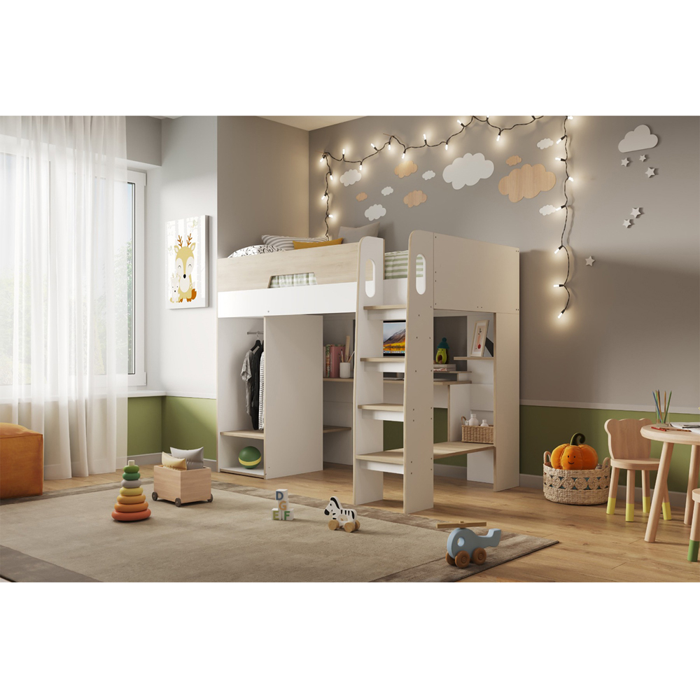 Flair Coco White and Oak High Sleeper Workstation with Wardrobe Image 6