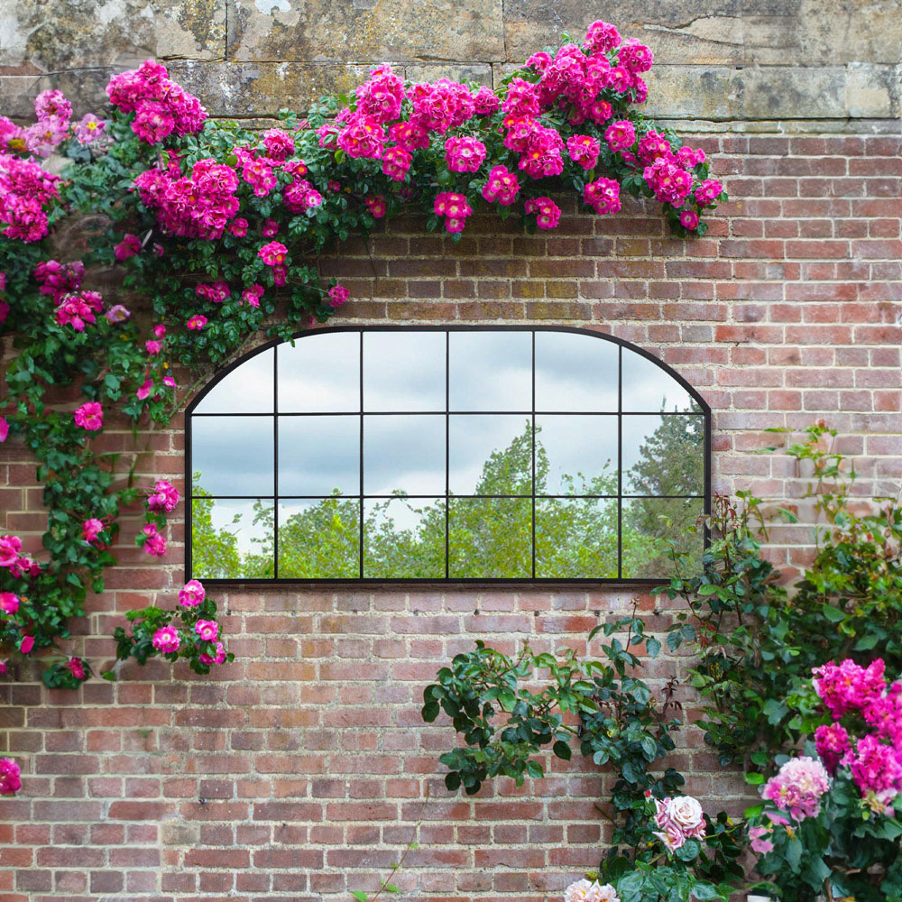 MirrorOutlet The Arcus Black Metal Arched Outdoor Window Garden Wall Mirror 174 x 85cm Image 7