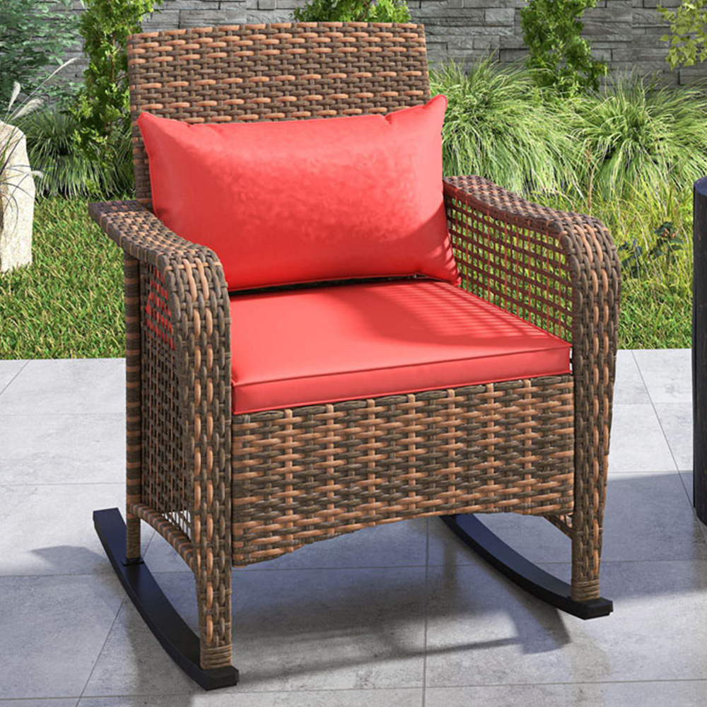 Outsunny Red Rattan Garden Rocking Chair with Cushions Image 1