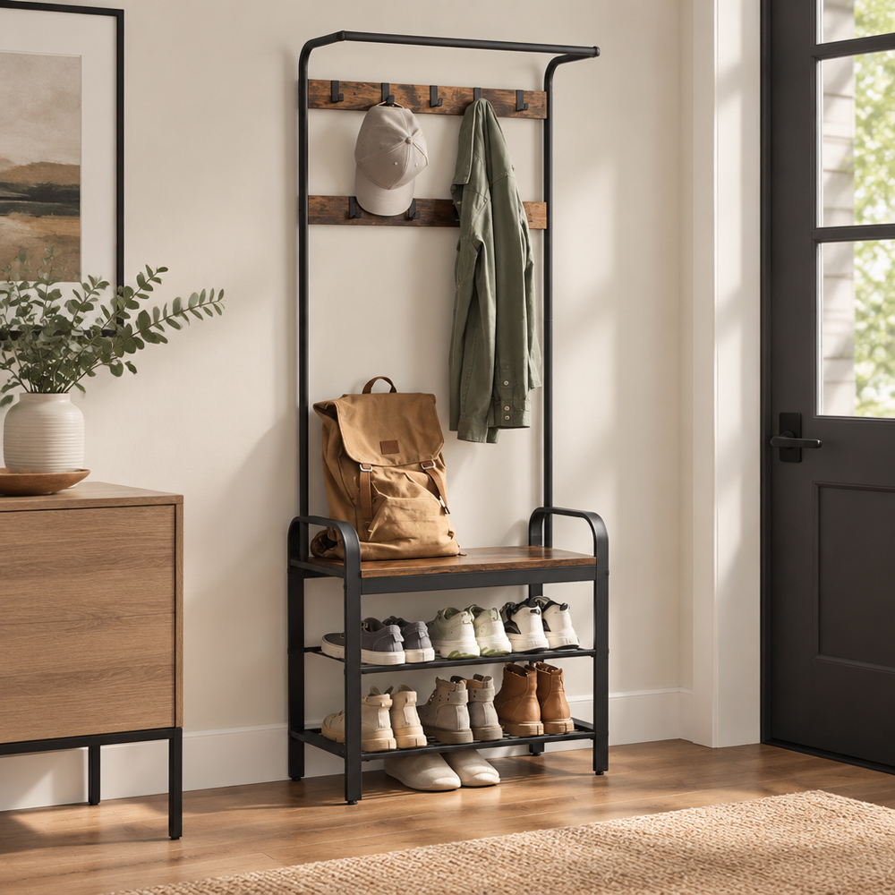 Modcraft 4-in-1 2 Shelf 9 Hooks Industrial Coat Rack with Shoe Bench Image 2