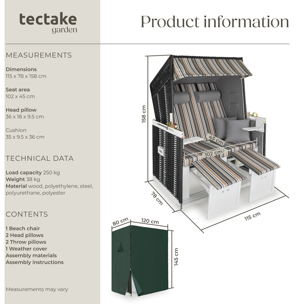 tectake Sylt Black Grey and Brown Beach Chair with Cushions and Cover Image 8