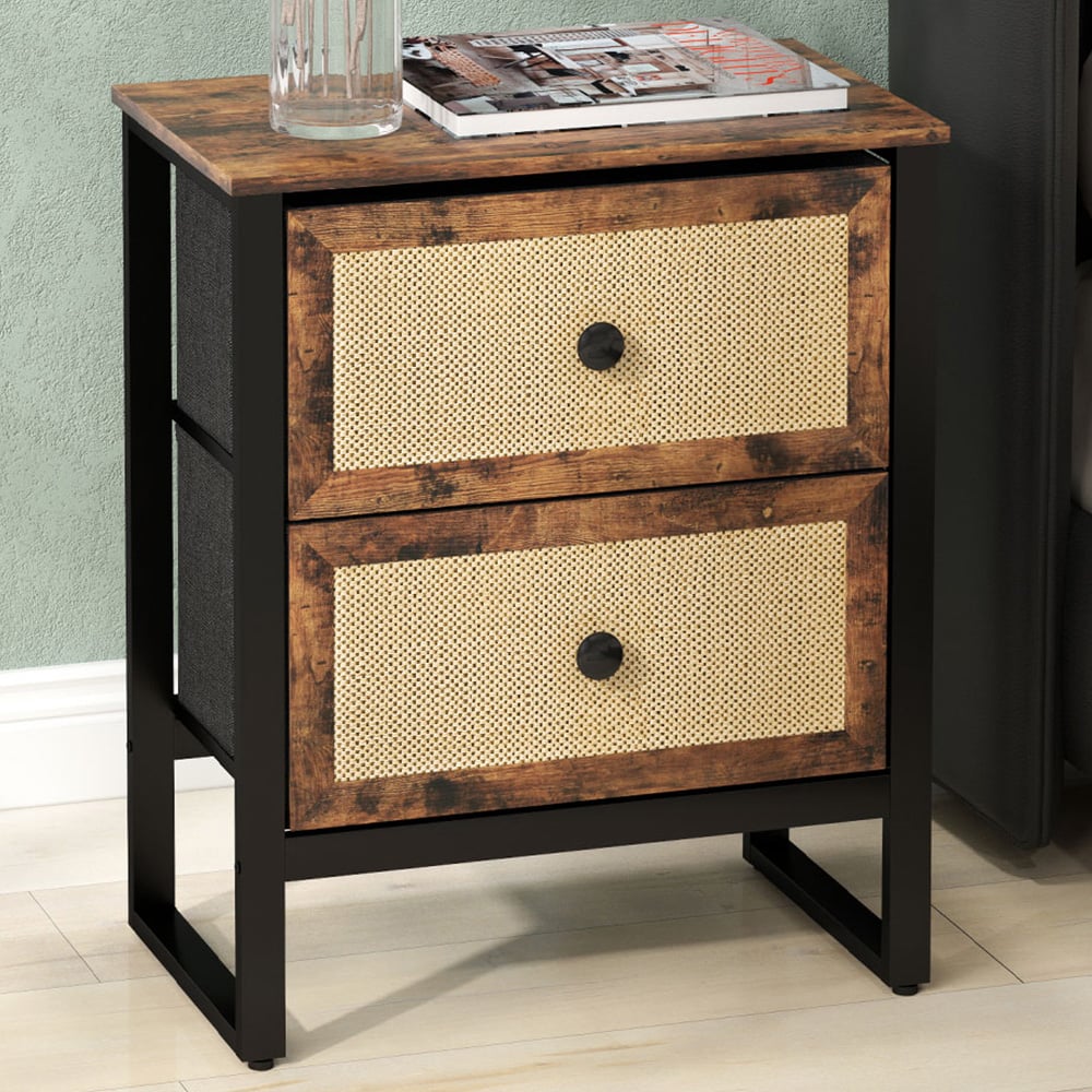 Portland 2 Drawer Rustic Brown Rattan Bedside Table Image 1