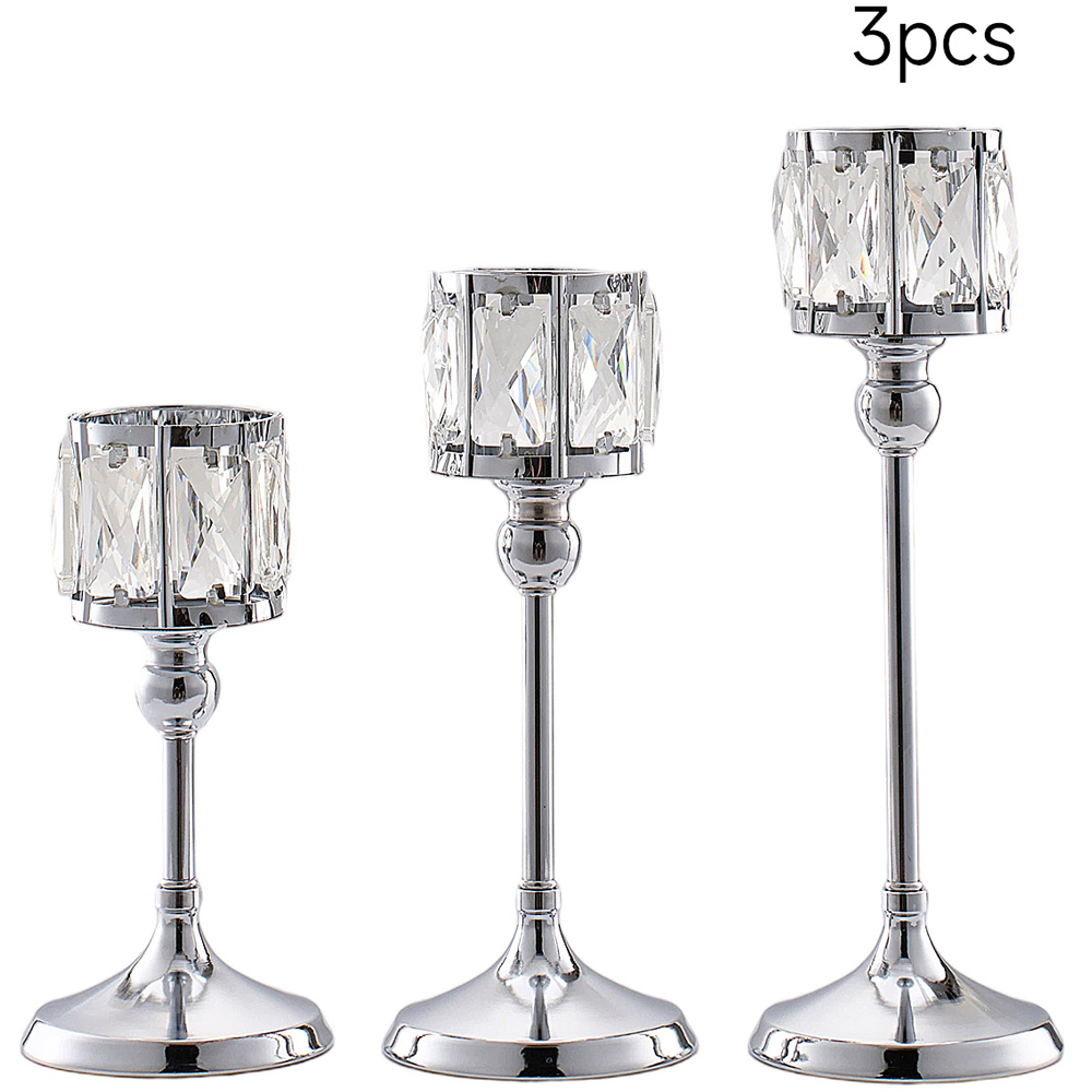 Living and Home Silver Crystal Panel Tiered Candle Holder Set of 3 Image 3