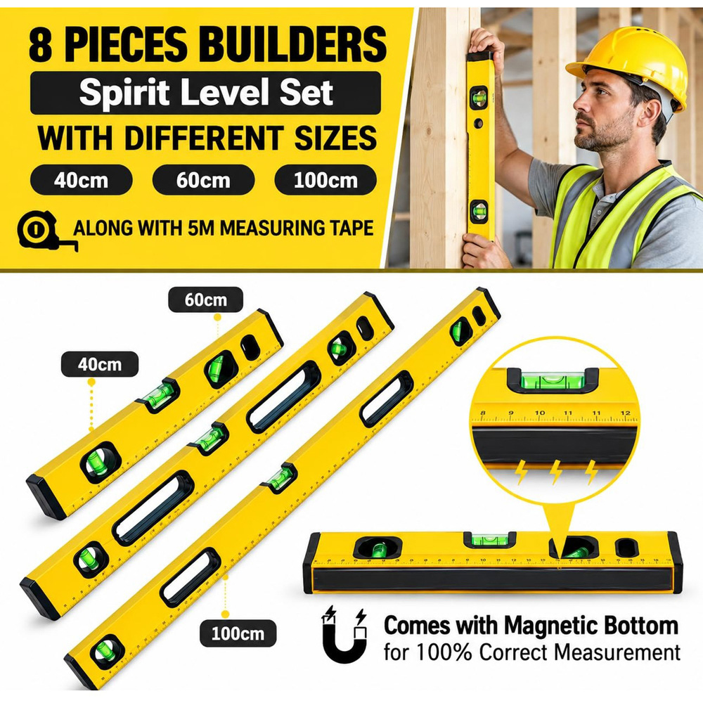 ATEK Professional 4-Piece Magnetic Spirit Level Set with 5m Measuring Tape Image 4