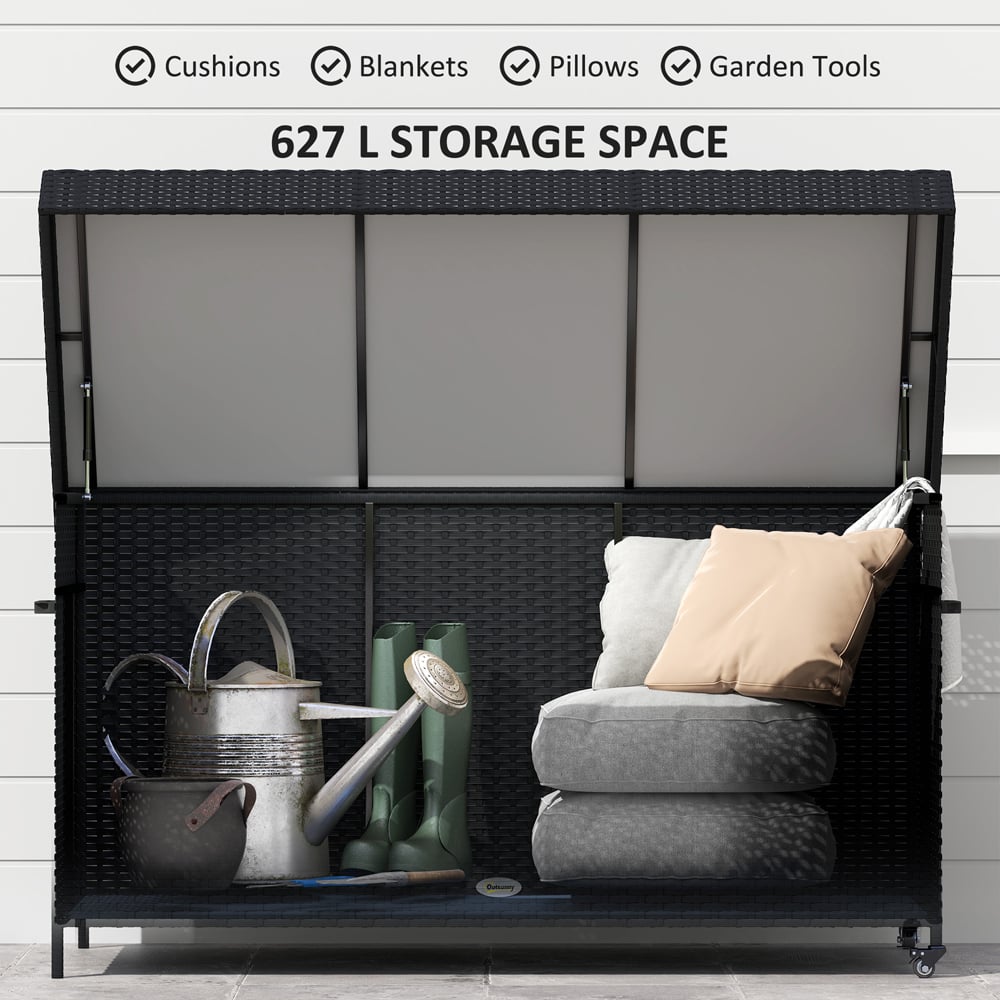 Outsunny Black Rattan Garden Storage Box with Gas Lift Lid and Wheels 627L Image 4