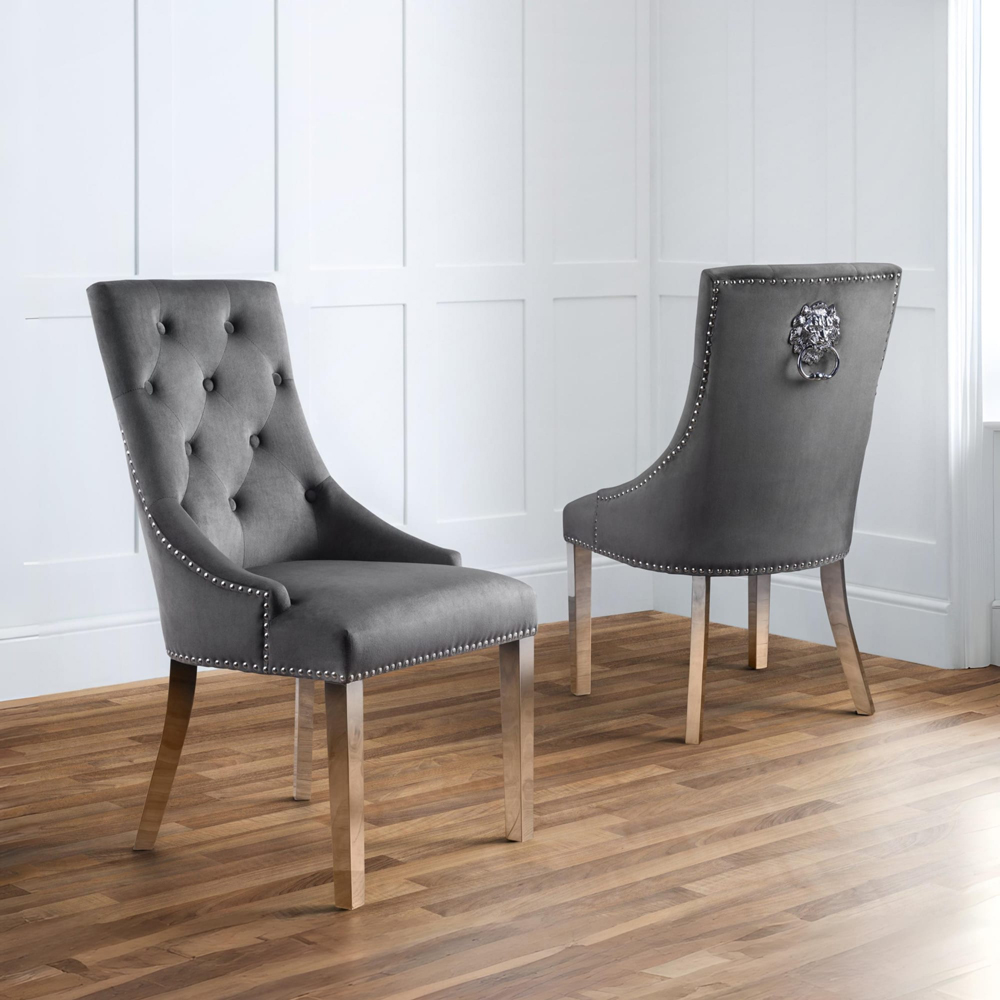 Julian Bowen Gladstone Set of 2 Grey and Chrome Velvet Lion Head Dining Chairs Image 5