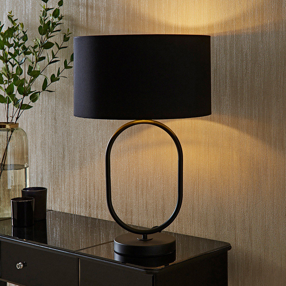ValueLights Antonia Black with Gold Inner Drum Shade Matte Black Oval Table Lamp with Bulb Image 6