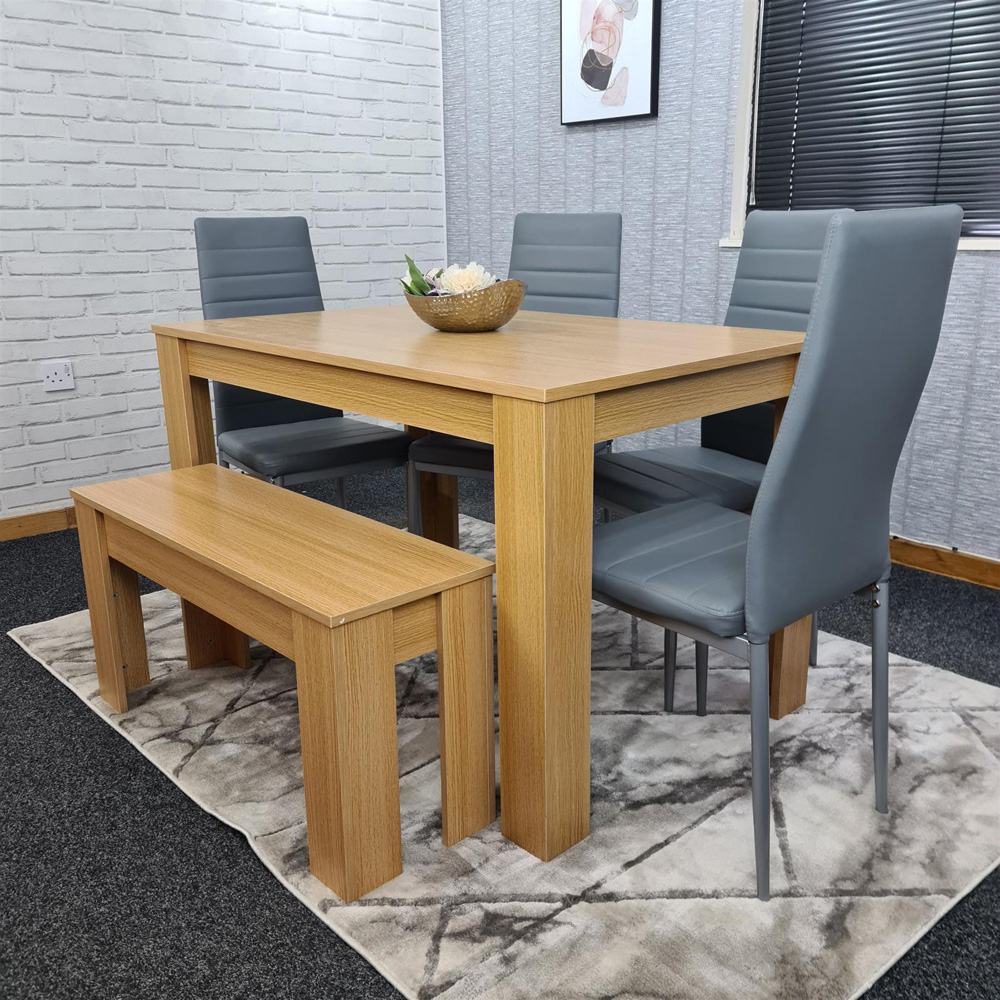 Portland 6 Seater Square Leather Dining Table Set Oak Effect and Grey Image 6