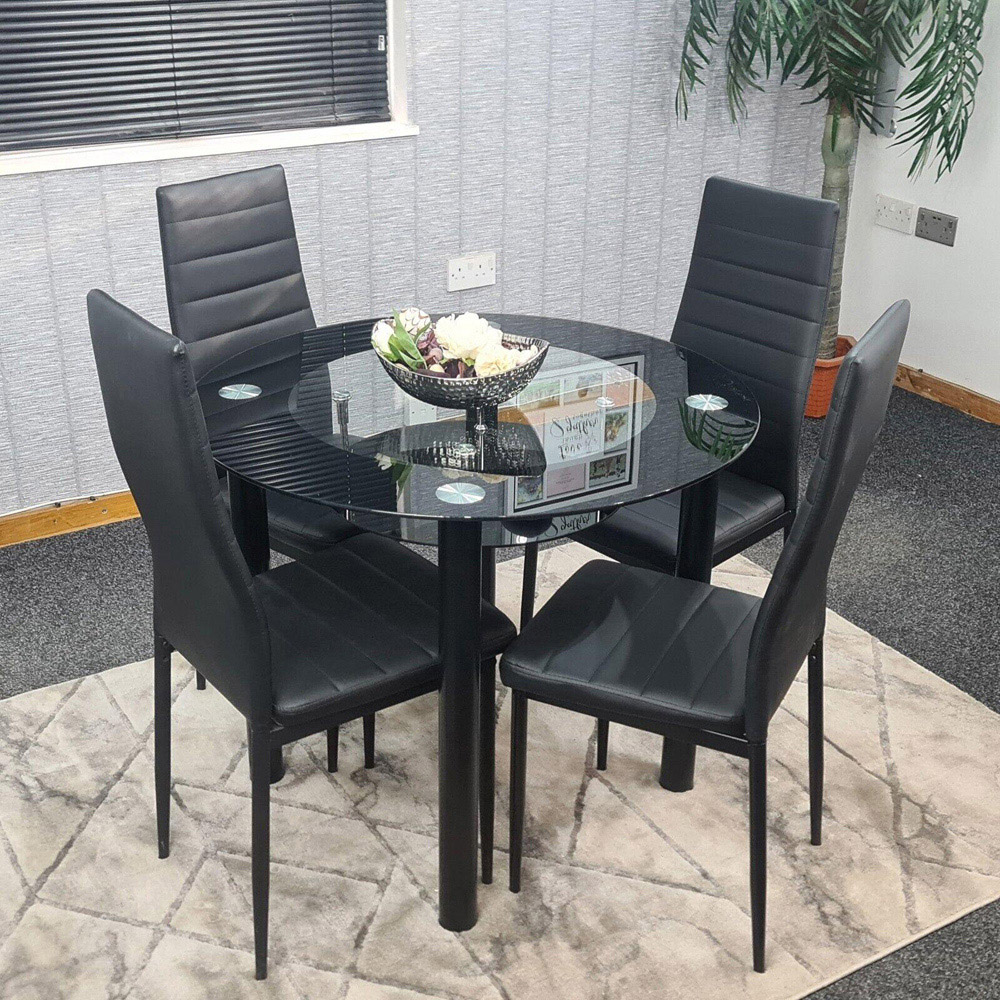 Portland 4 Seater Round Glass Leather Dining Set Black Image 5