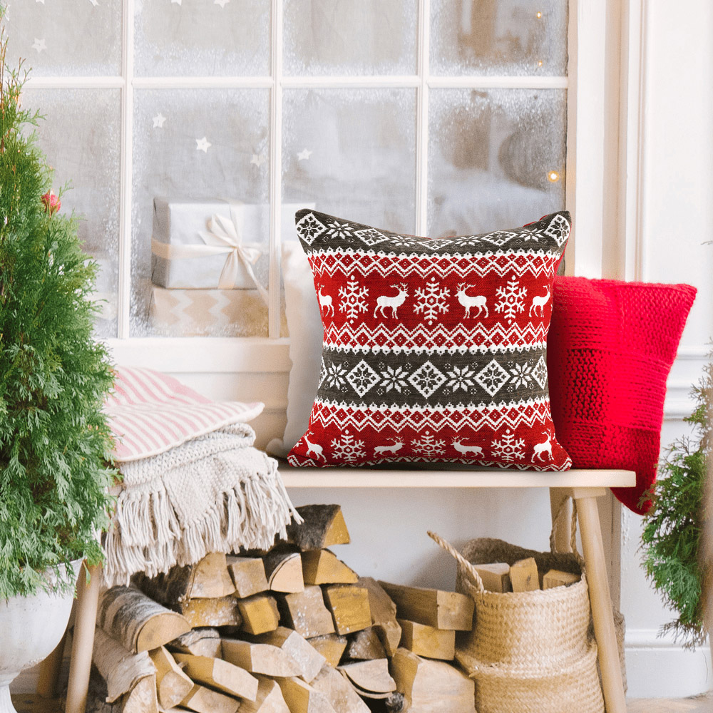 Noel Square Red and Grey Nordic Cotton Chenille Cushion Image 4