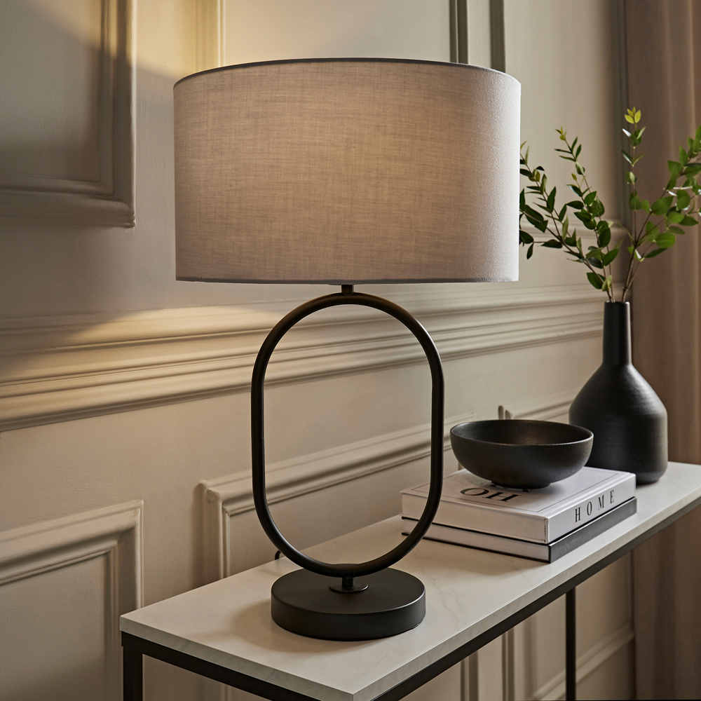 ValueLights Antonia Grey Fabric Drum Shade Matte Black Oval LED Table Lamp Image 2