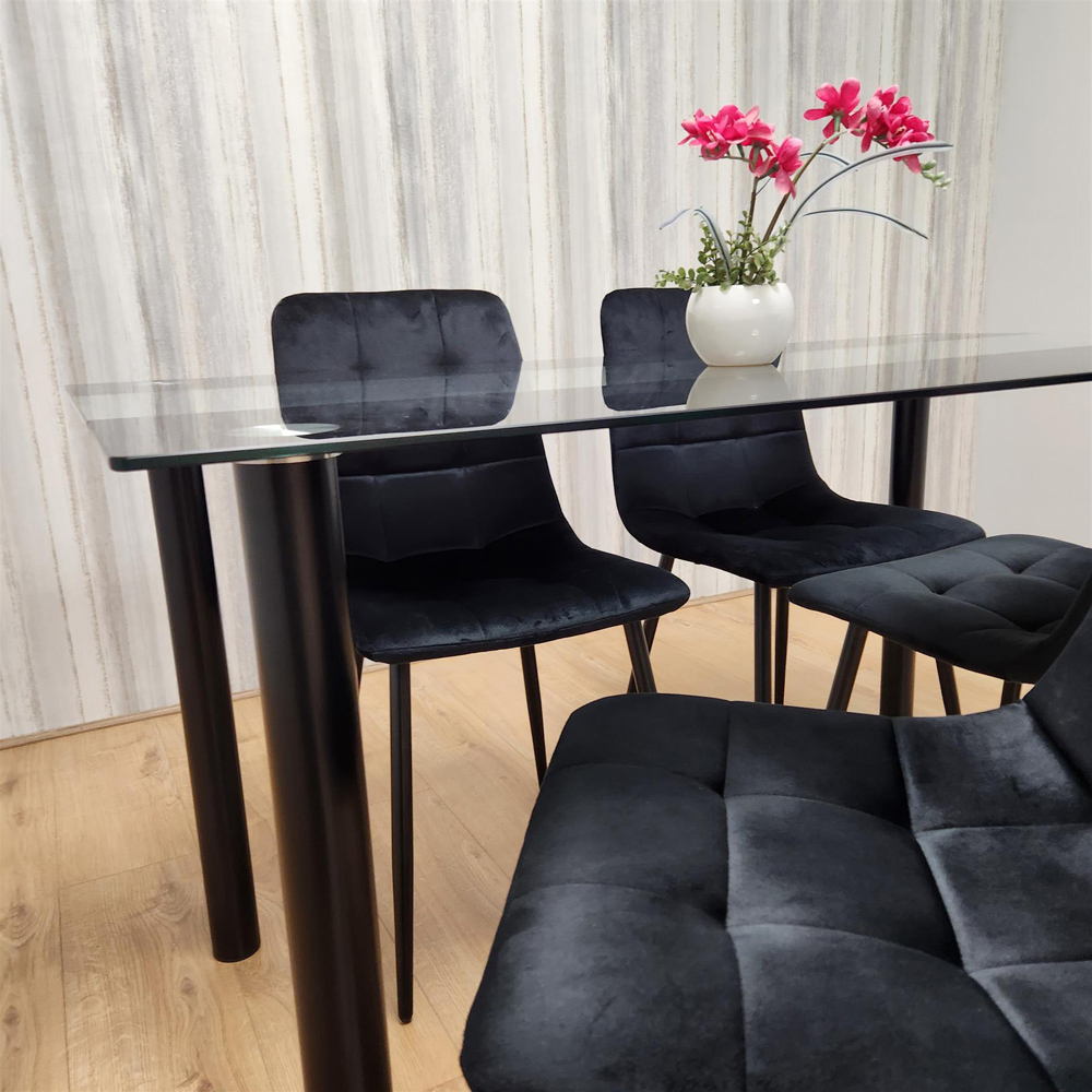Portland Glass 4 Seater Velvet Dining Set Black Image 3
